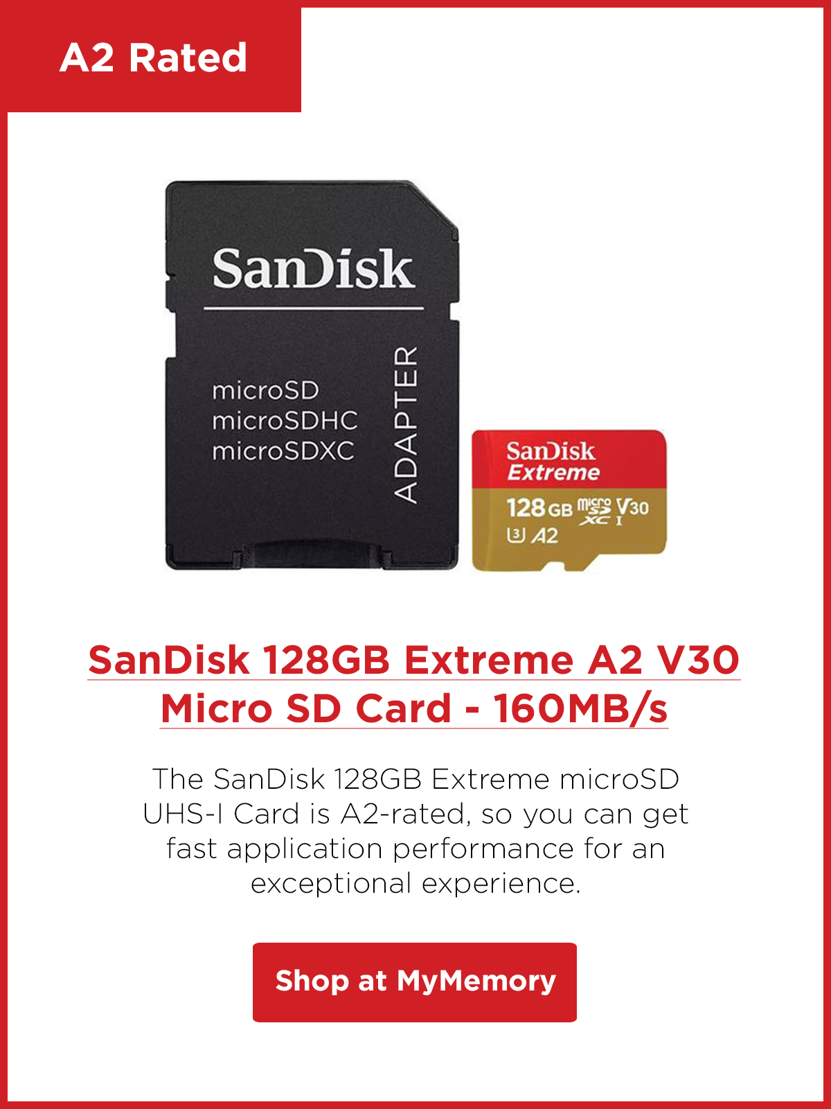 Tarjeta Micro SD SanDisk 128GB Extreme A2 V30 (SDXC) UHS-I U3 + Adaptador- 160MB/s