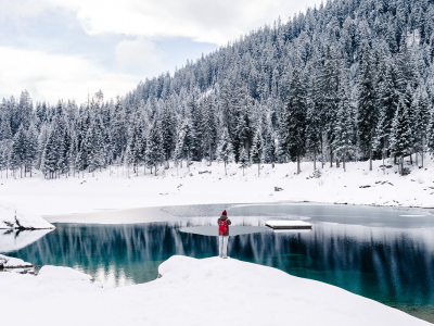 Person standing beside body of water surrounded by snow field near trees | Photo: Cristina Munteanu via Unsplash