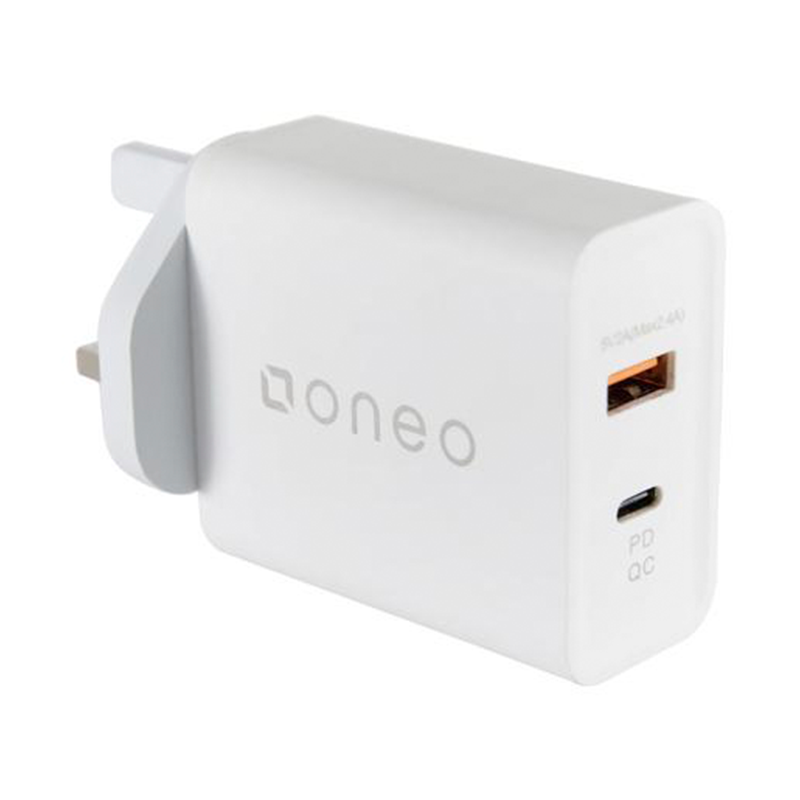 oneo 3A 45W Dual Port USB/USB-C Quick Charge 3.0 Mains Charger - White