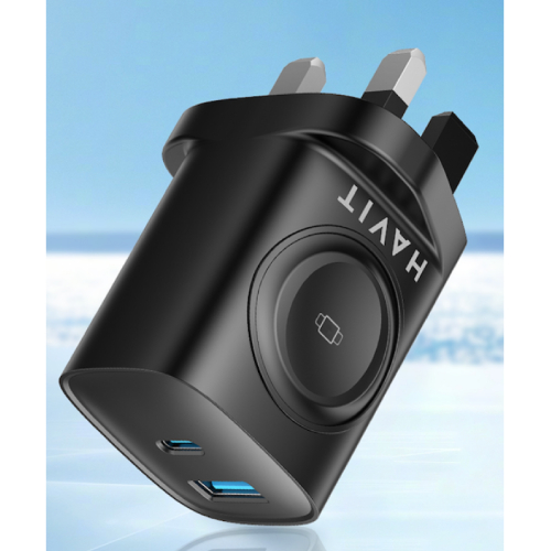 Side view of HAVIT UK 22W Mains Fast Charging 2 port USB-A + USB-C with Built-in