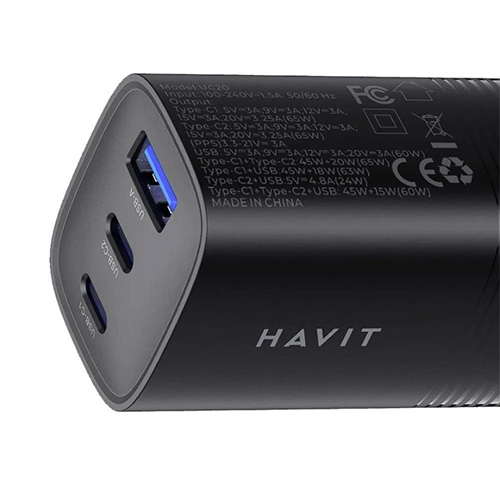 Side view of HAVIT UC20 65W USB-C Fast Charger - Black