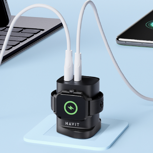 Side view of HAVIT UK 22W Mains Fast Charging 2 port USB-A + USB-C with Built-in