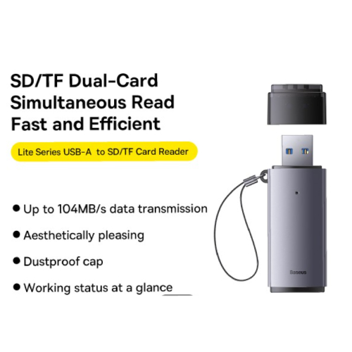 Side view of Baseus Lite Series USB-A to SD/TF Card Reader - Grey