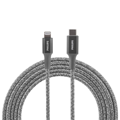 Side view of Philips USB-C to Lightning Braided Data Charging Cable - Grey