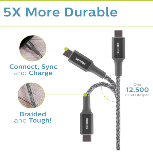 Side view of Philips USB-C to Lightning Braided Data Charging Cable - Grey