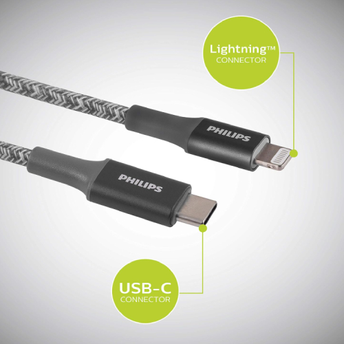 Side view of Philips USB-C to Lightning Braided Data Charging Cable - Grey