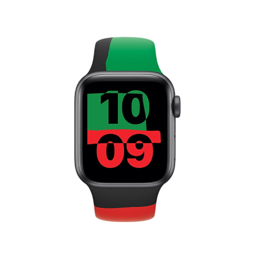 Side view of Apple Official Watch Band 38mm/40mm unity Sport Band - Black/ Green/
